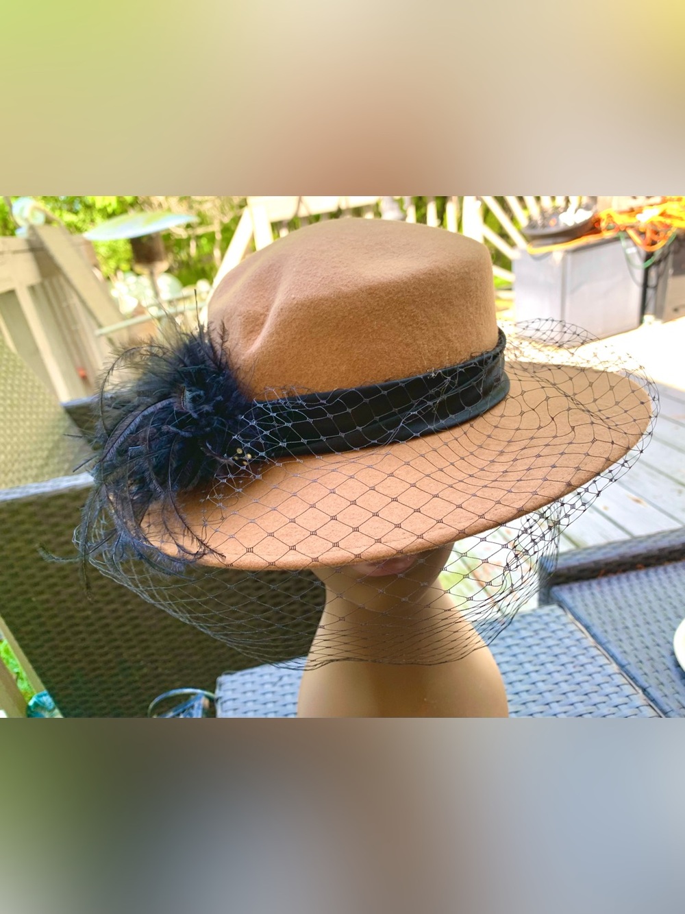Camel Felt Wide-Brim Hat with Black Veil and Feather Accent - Picture 12 of 15